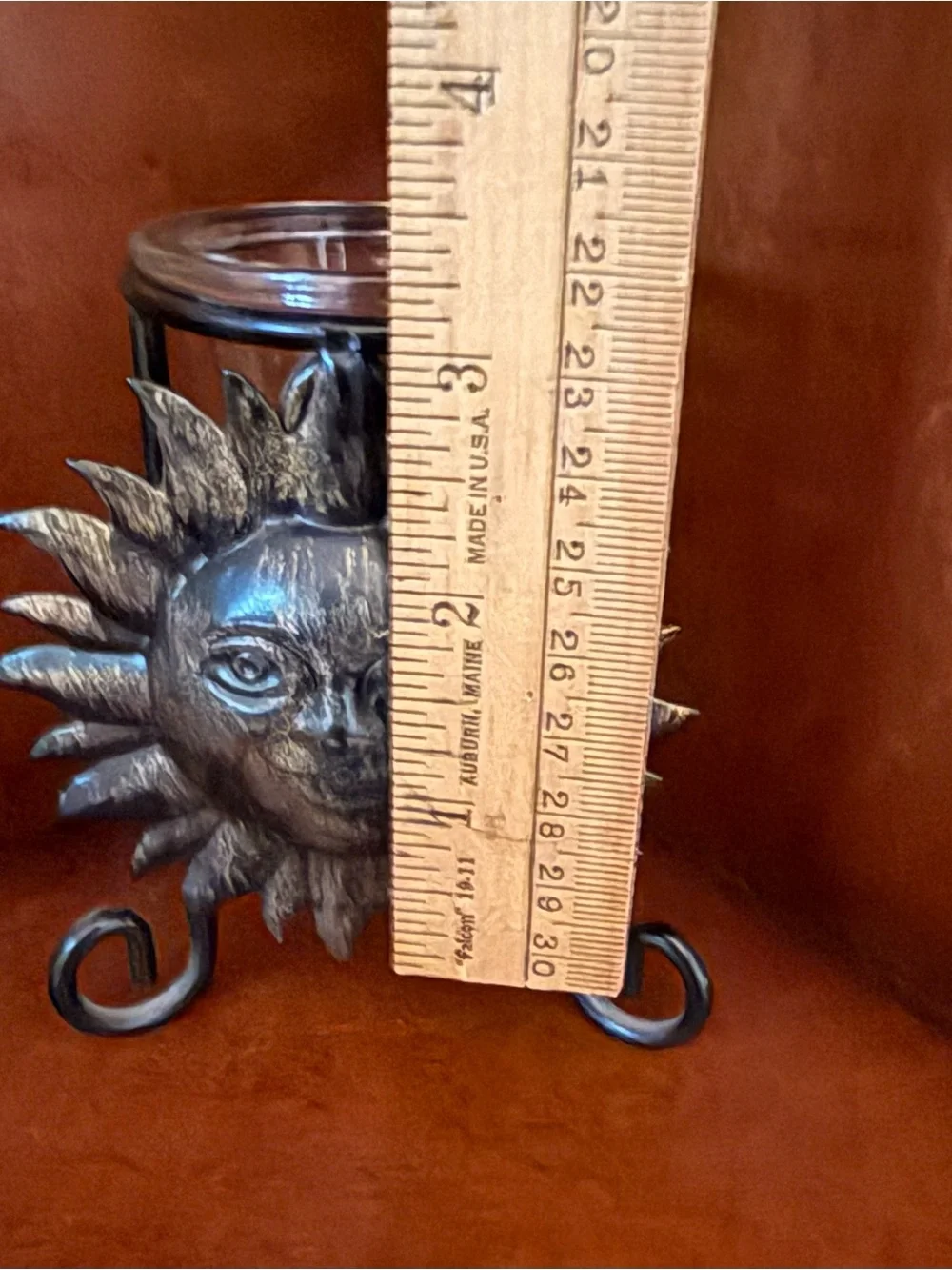 Sun Face Metal Candle Holder in Antique Gold